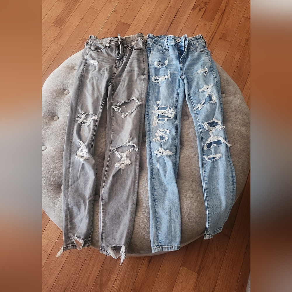 American Eagle Outfitters Gray and Blue Distressed Skinny Jeans